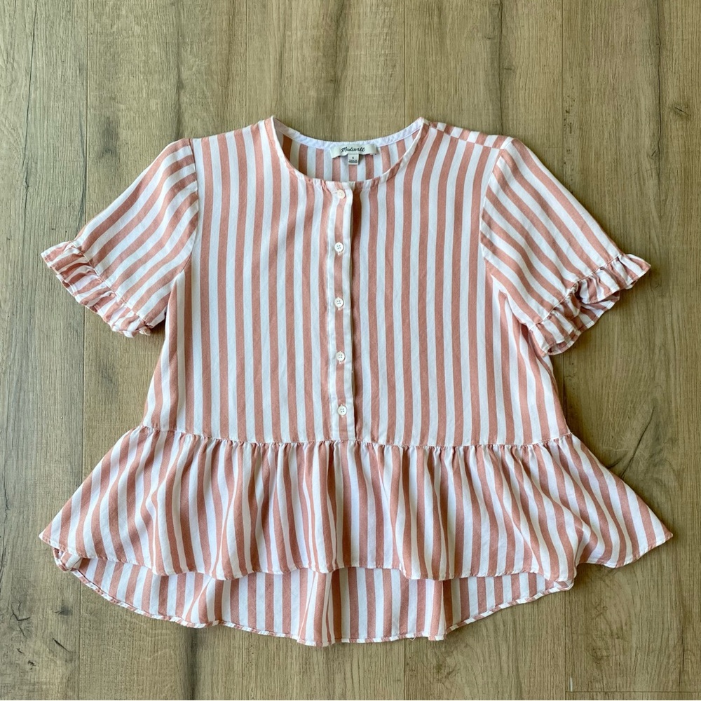 Madewell Studio Ruffle-Hem Cecilia Stripe Pink & White Peplum Blouse Size S